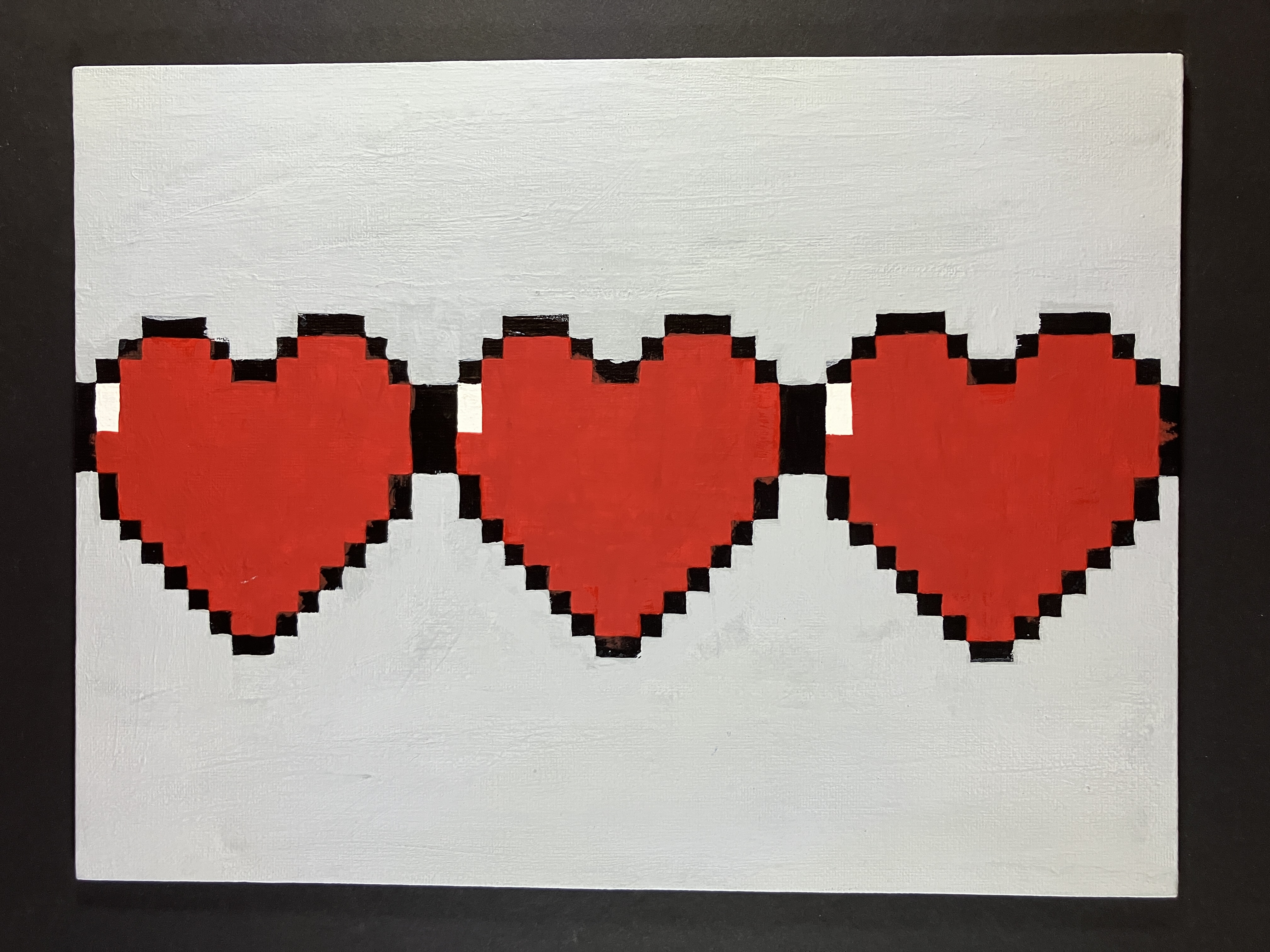 Acrylic Painting of 3 red hearts with black outline on grey background in 8-bit style, 9 in by 12 in