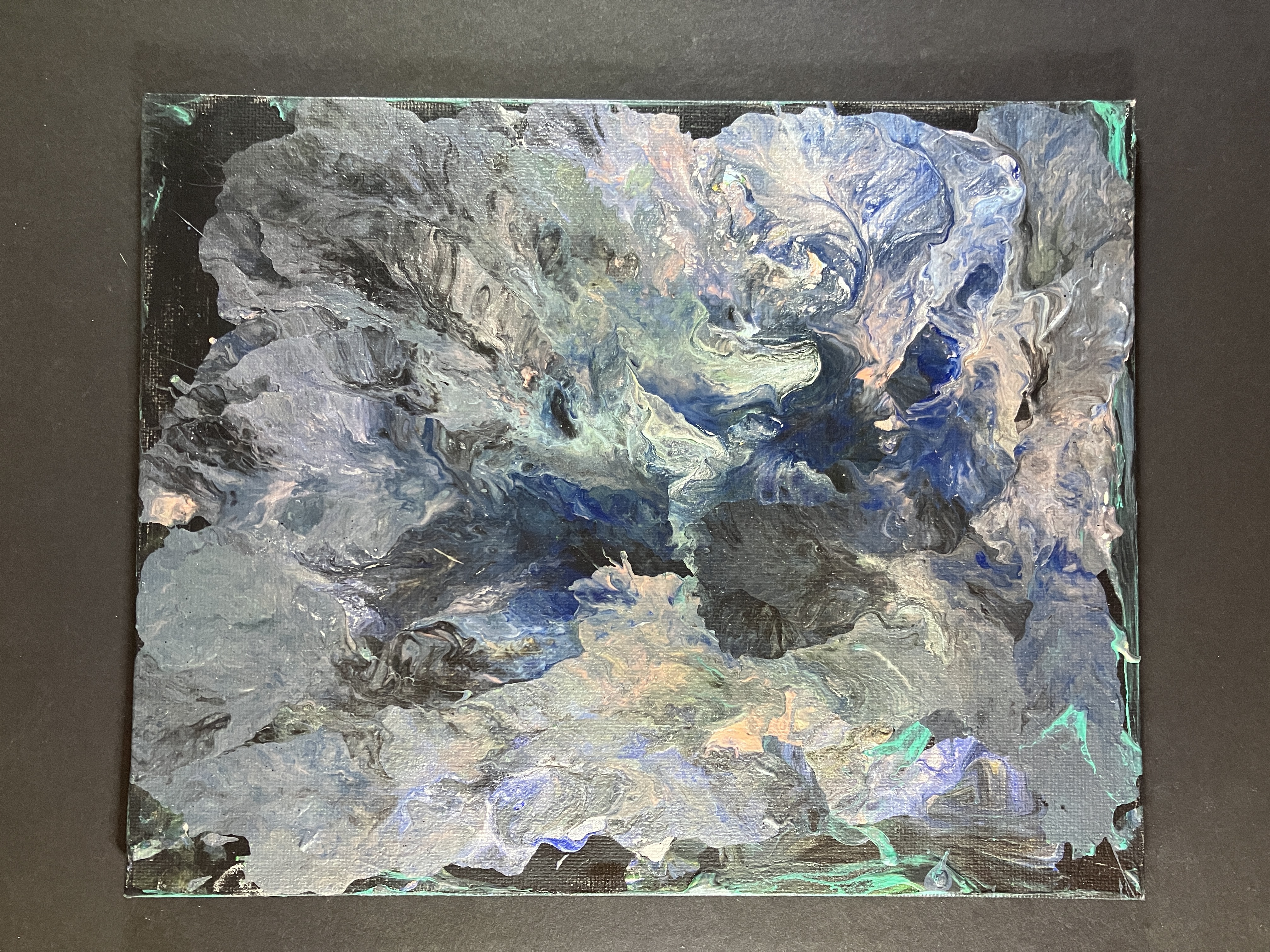 Acrylic Flow Painting, with black background and organic lines of blues, greens, purples, and silver, 11 in by 14 in