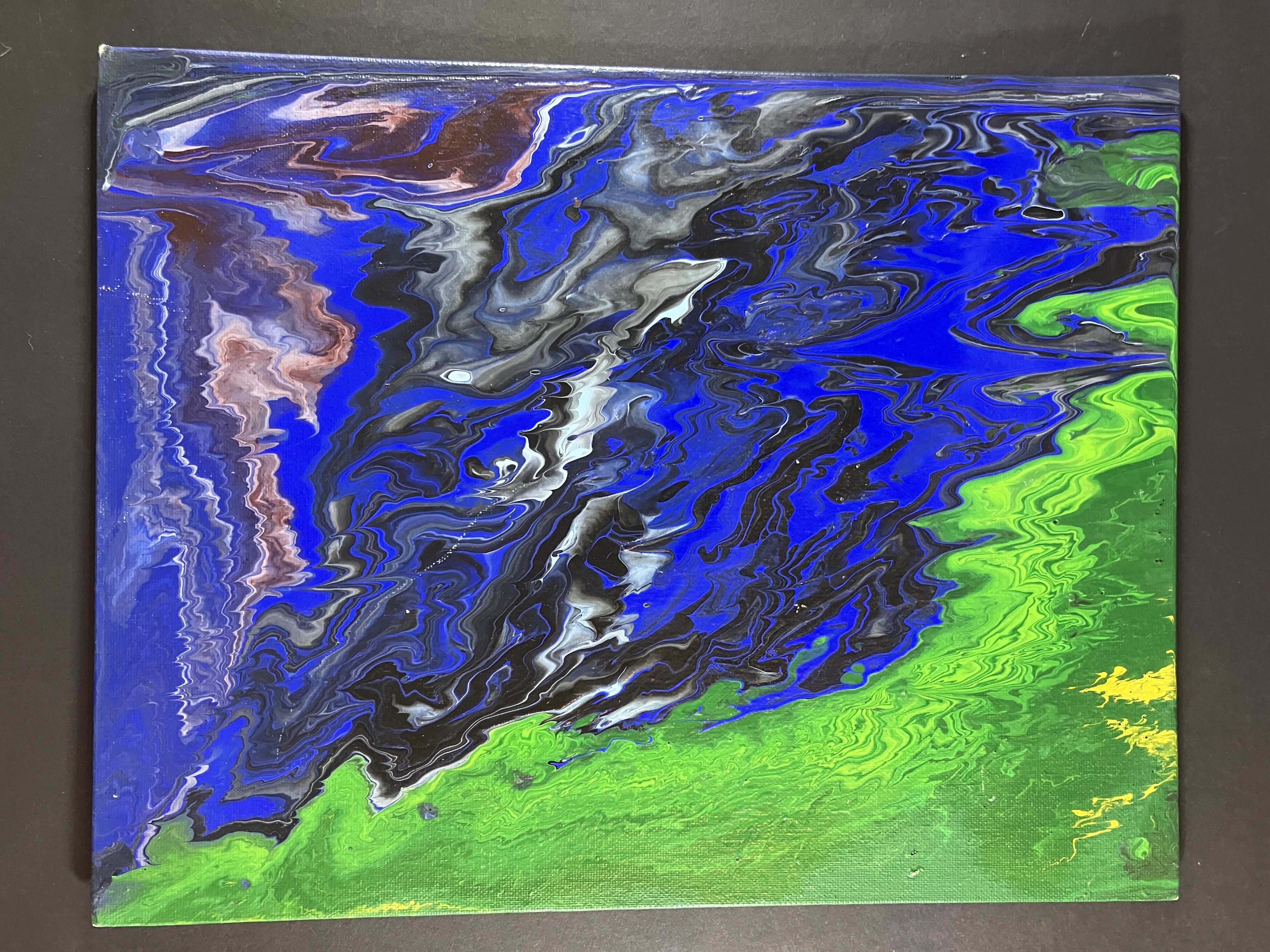 Acrylic Flow Painting, mostly blue and green with organic lines of black, yellow, red, white, and light green, 11 in by 14 in