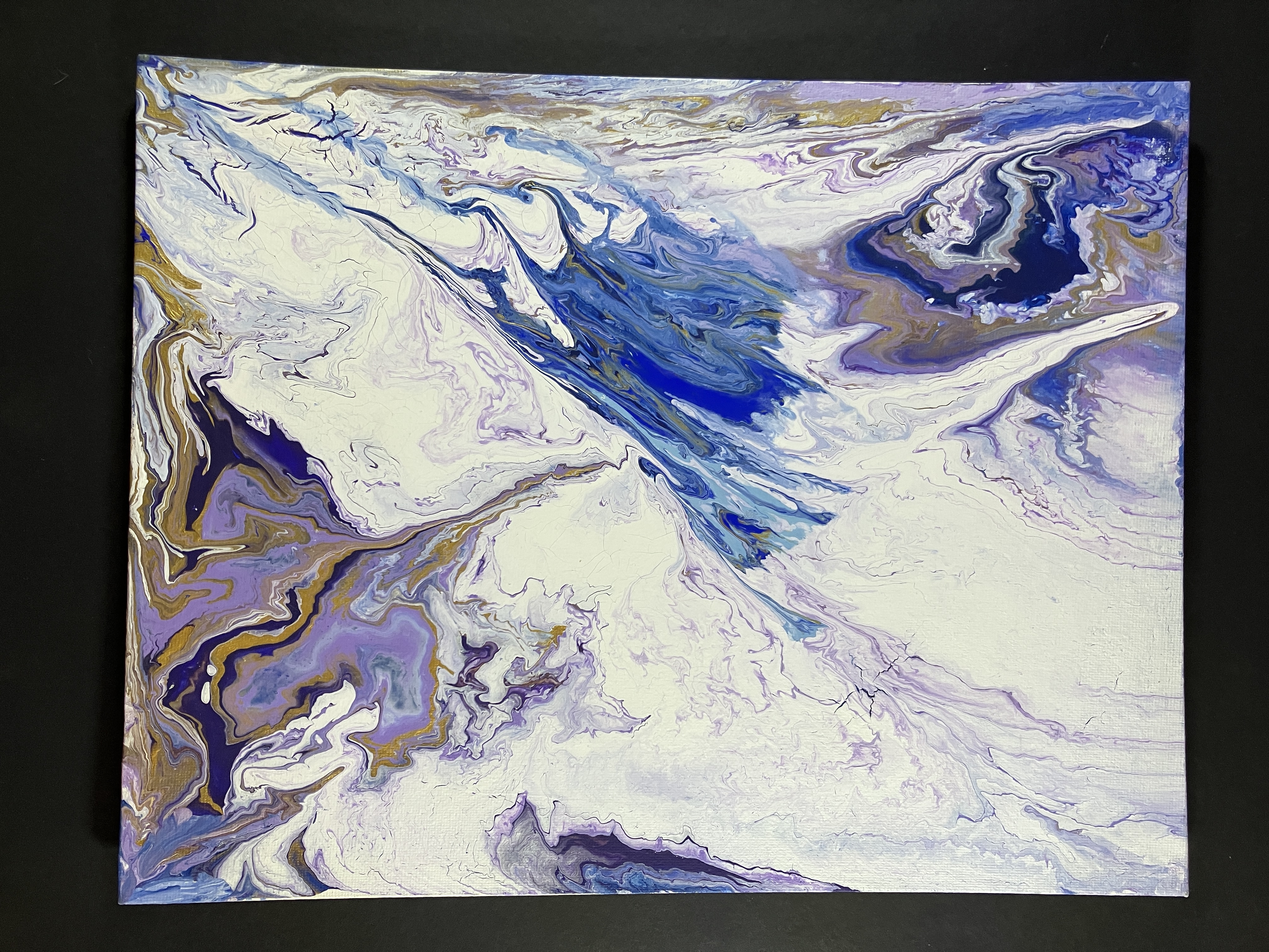 Acrylic Flow Painting with organic shapes in white, purples, blues, and gold