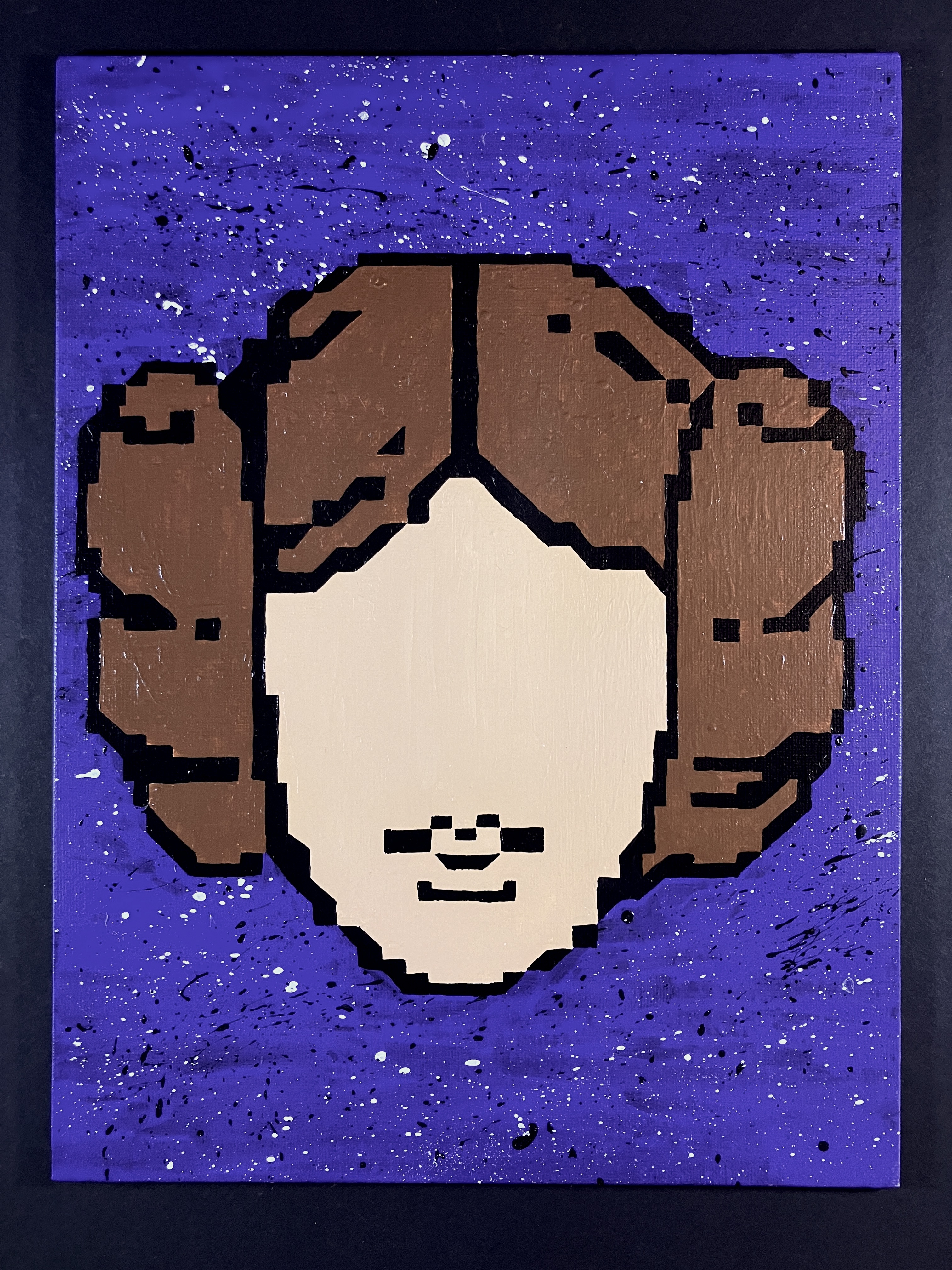 Acrylic Painting Princess General (woman with brown hair sporting two large buns on sides of her head) Portrait with minimal facial features on purple, speckled with black and white background in 8-bit style, 9 in by 12 in