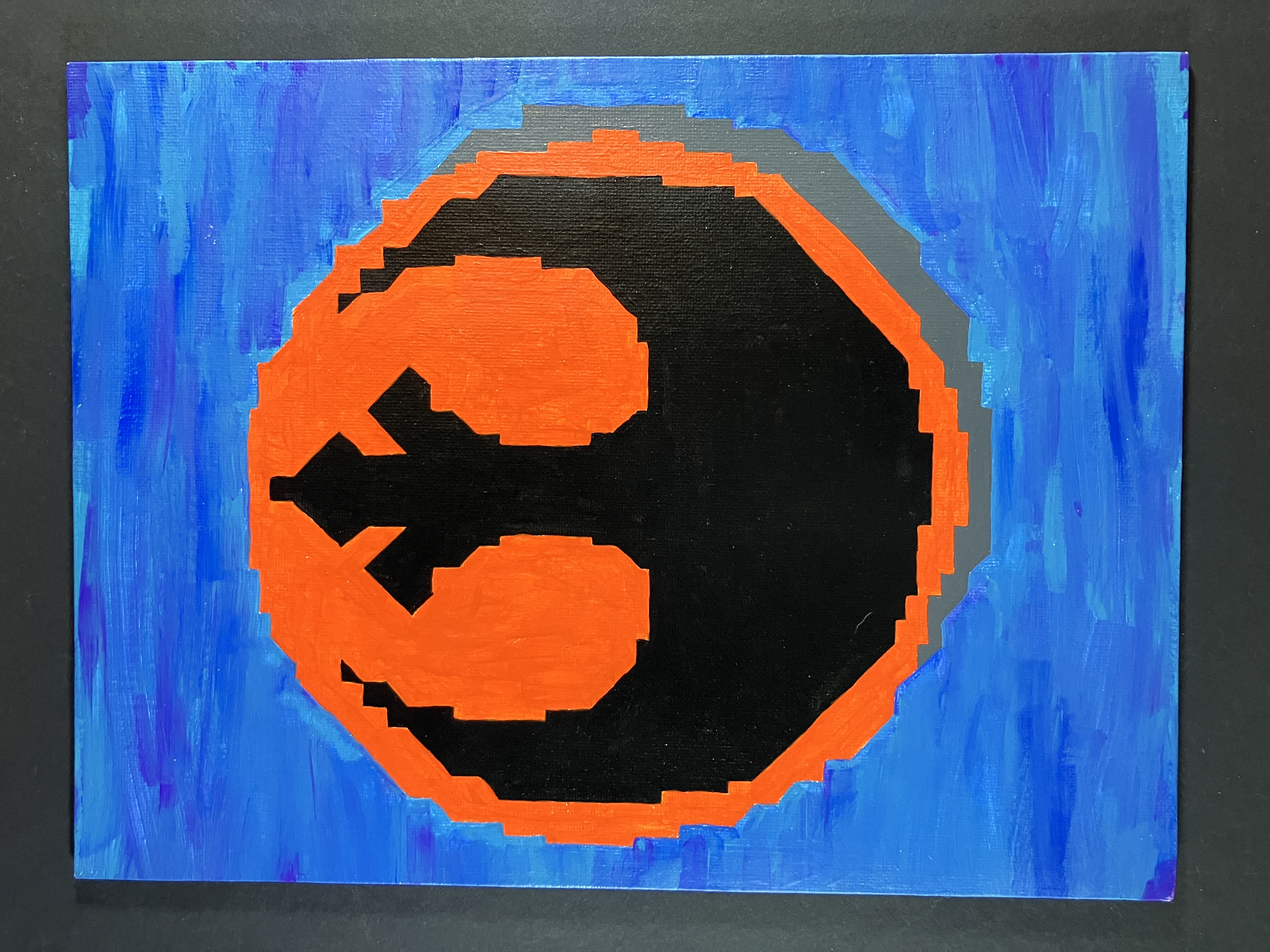 Acrylic Painting of Rebel Logo in orange and black with grey shadow in 8-bit style on blue background in various shades, 9 in by 12 in
